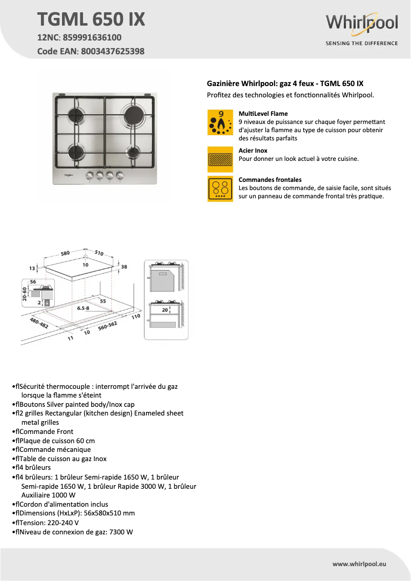 Page 1 de la notice Fiche technique Whirlpool TGML 650 IX