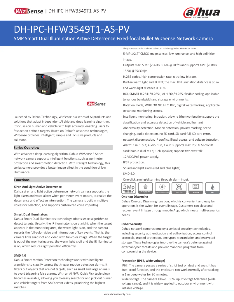 Page 1 de la notice Fiche technique Dahua Technology IPC-HFW3549T1-AS-PV