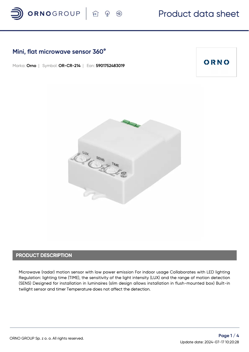 Page 1 de la notice Fiche technique ORNO OR-CR-214