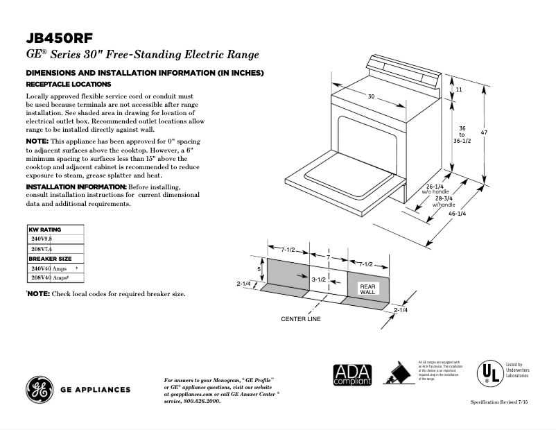 Page 1 of the manual Technical Sheet GE JB450RFSS