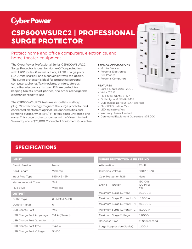 Page n°1 - Fiche technique CyberPower CSP600WSURC2