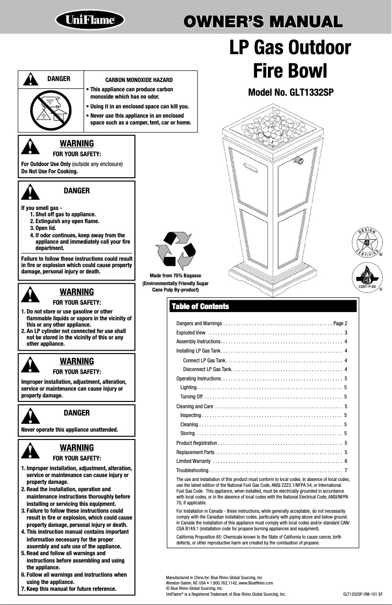 Page 1 de la notice Manuel utilisateur Blue Rhino GLT1332SP