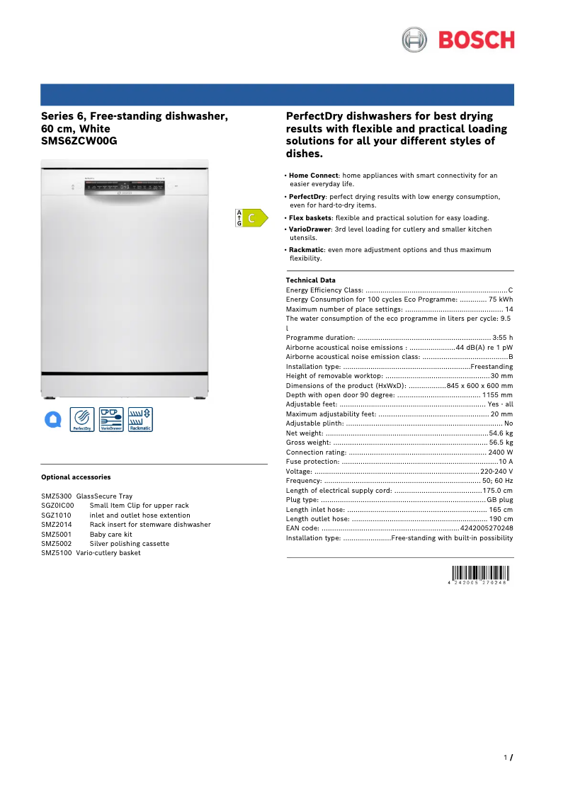 Página 1 del manual Ficha técnica Bosch SMS6ZCW00G