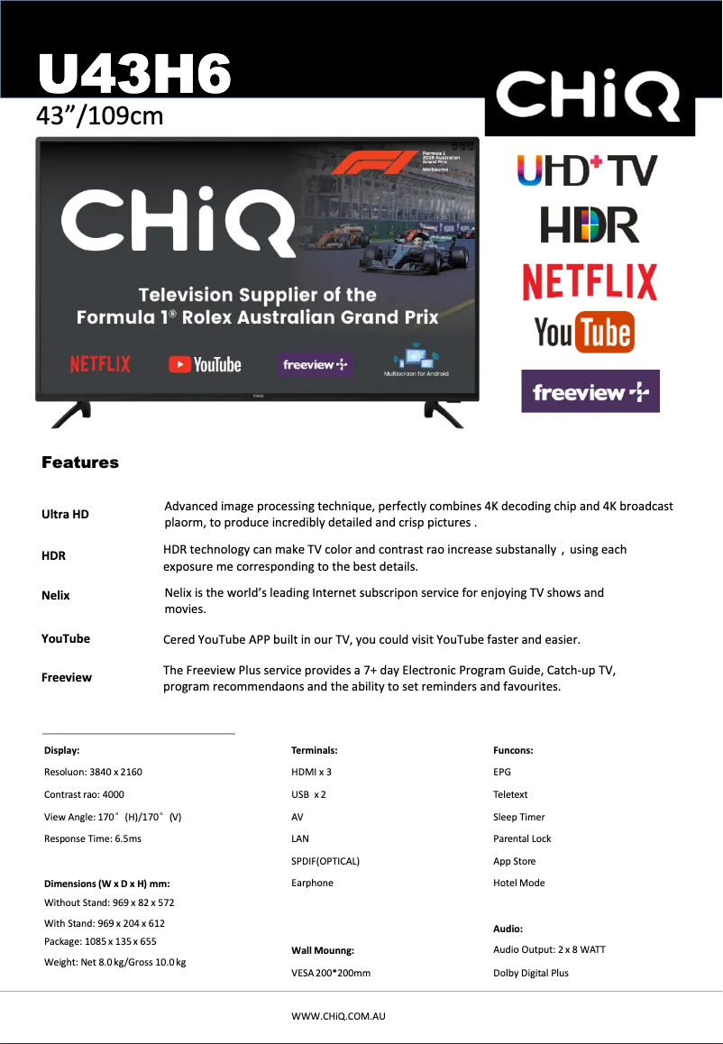 Page 1 de la notice Fiche technique CHiQ U43H6