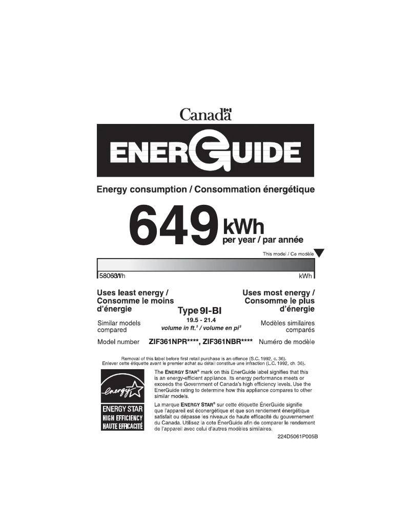 Page 1 de la notice Label énergétique Monogram ZIF361NBRII