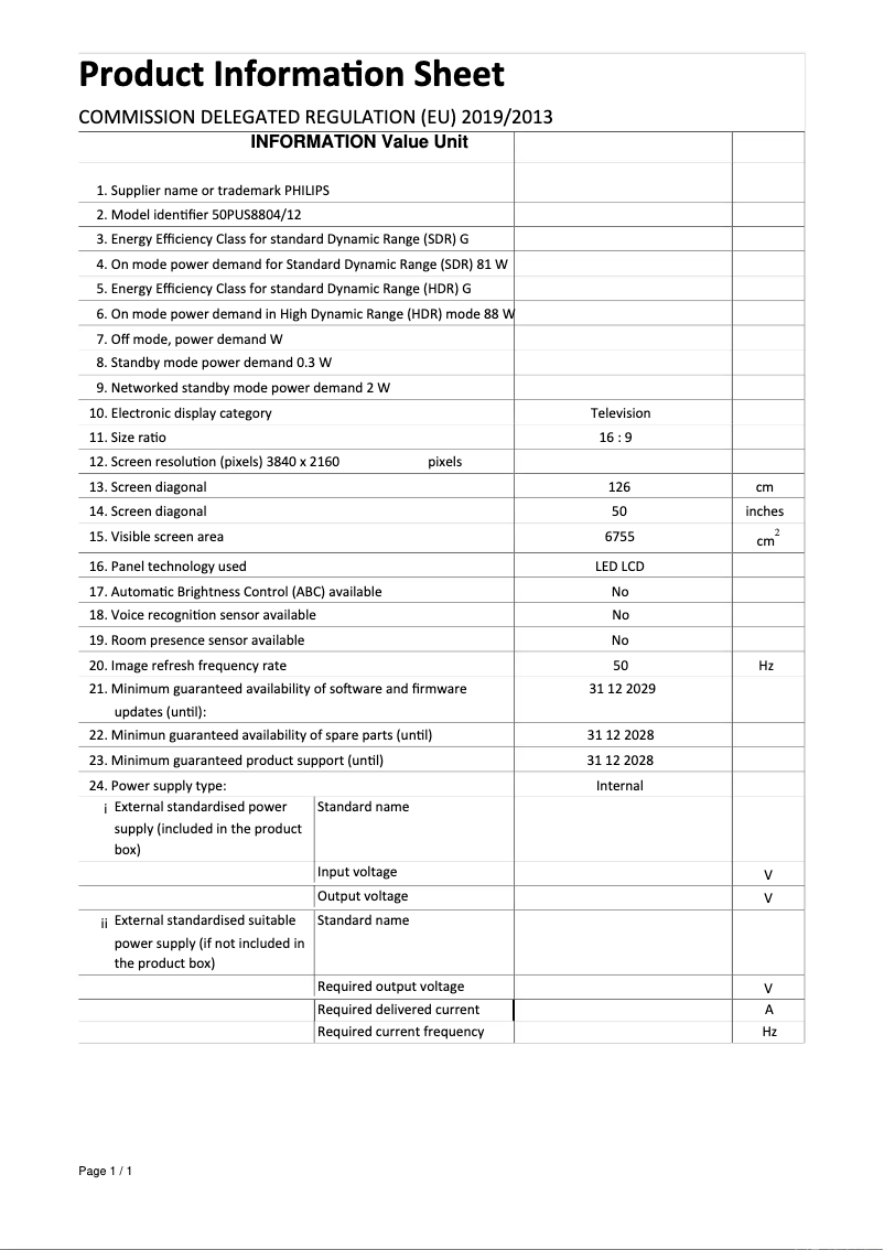 Page 1 de la notice Fiche technique Philips 50PUS8804
