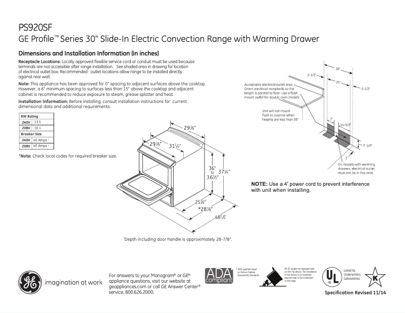 Page 1 de la notice Fiche technique GE Profile PS920SFSS