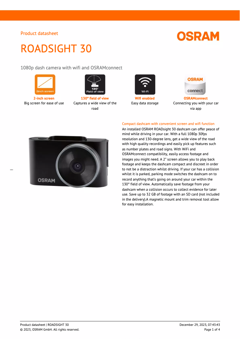Page 1 de la notice Fiche technique Osram ROADsight 30