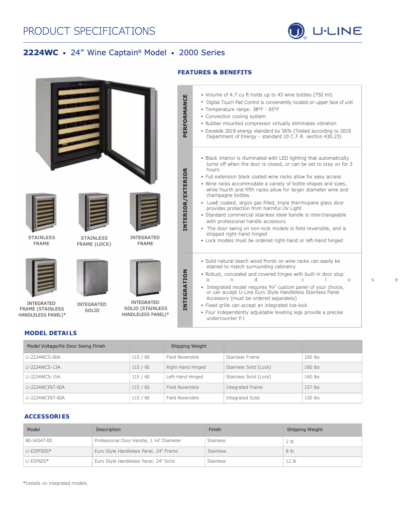 Page n°1 - Fiche technique U-Line U-2224ZWCINT-60B