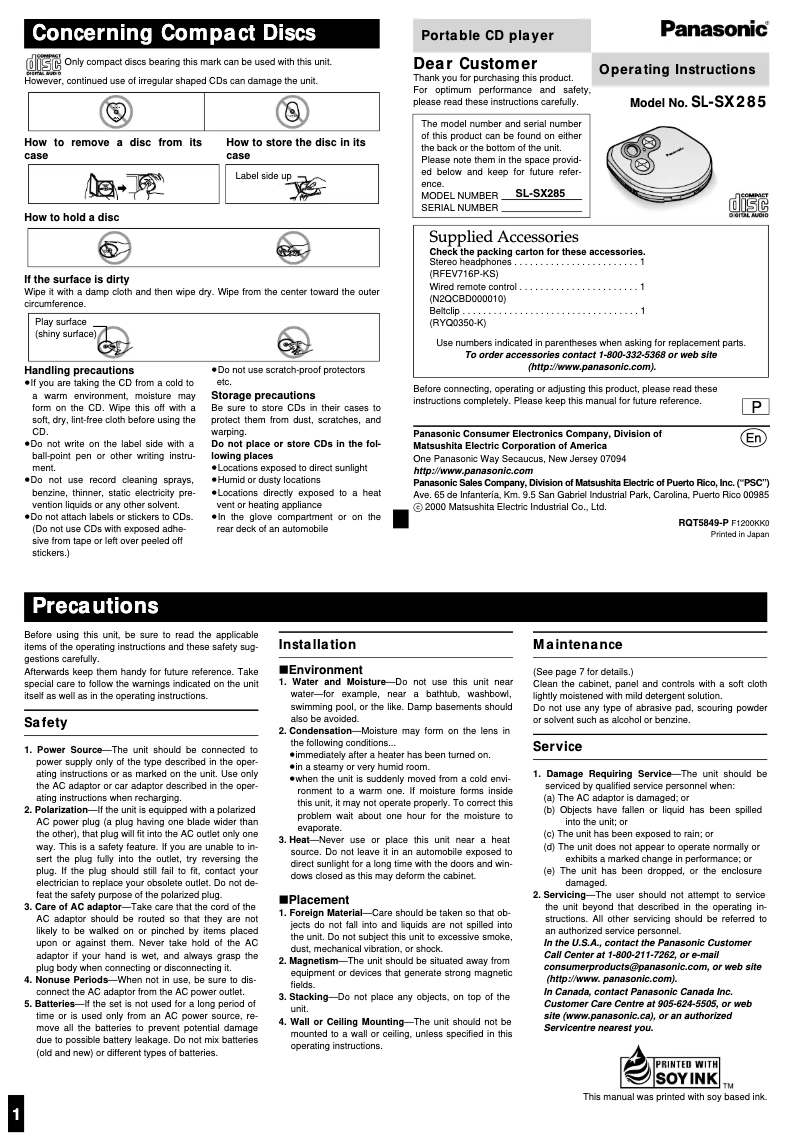 Page n°1 - Manuel utilisateur Panasonic SL-SX285