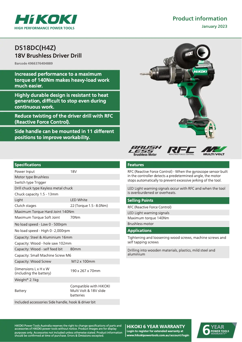 Page 1 de la notice Fiche technique HiKOKI DS18DC