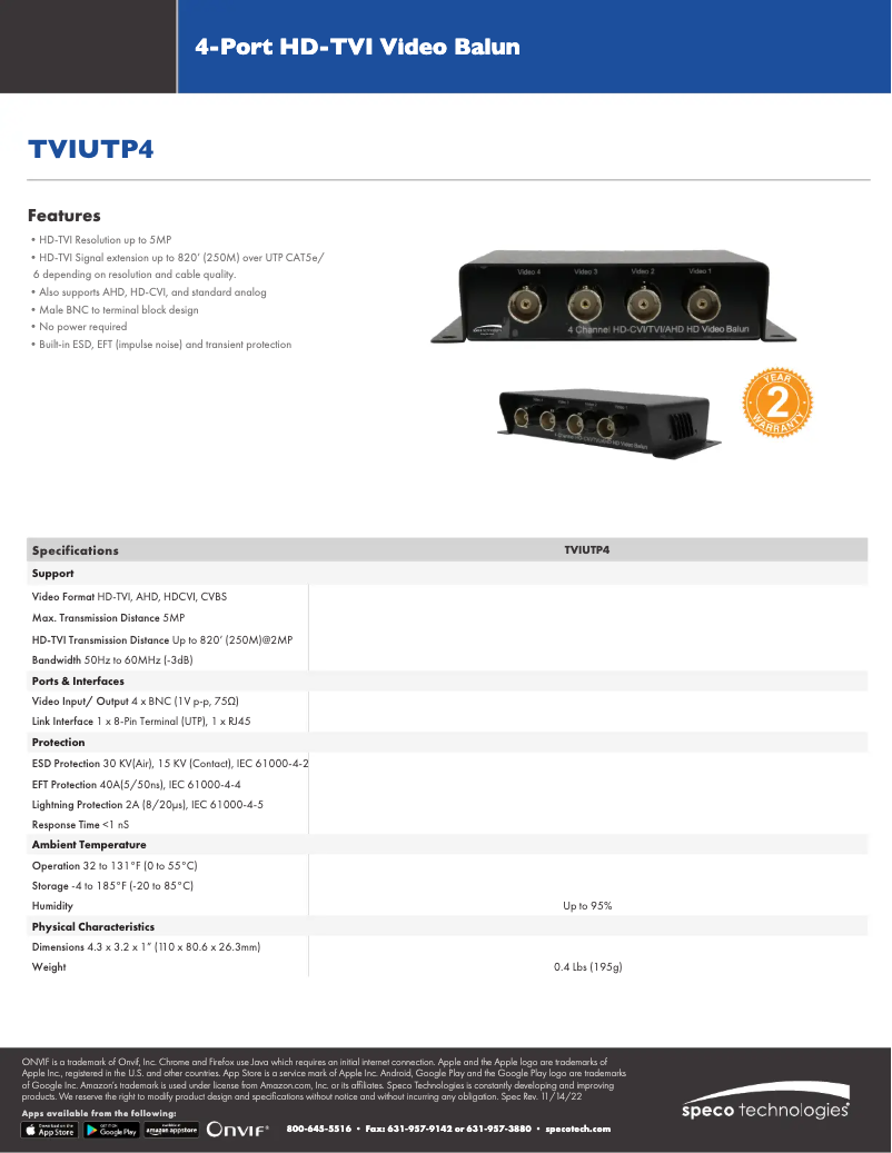 Page 1 de la notice Fiche technique Speco Technologies TVIUTP4