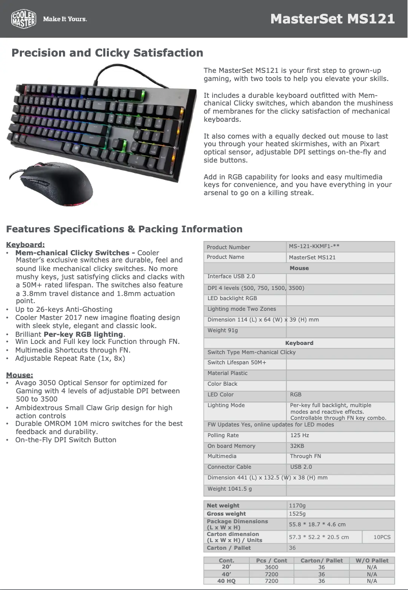 Page 1 de la notice Fiche technique Cooler Master MasterSet MS121