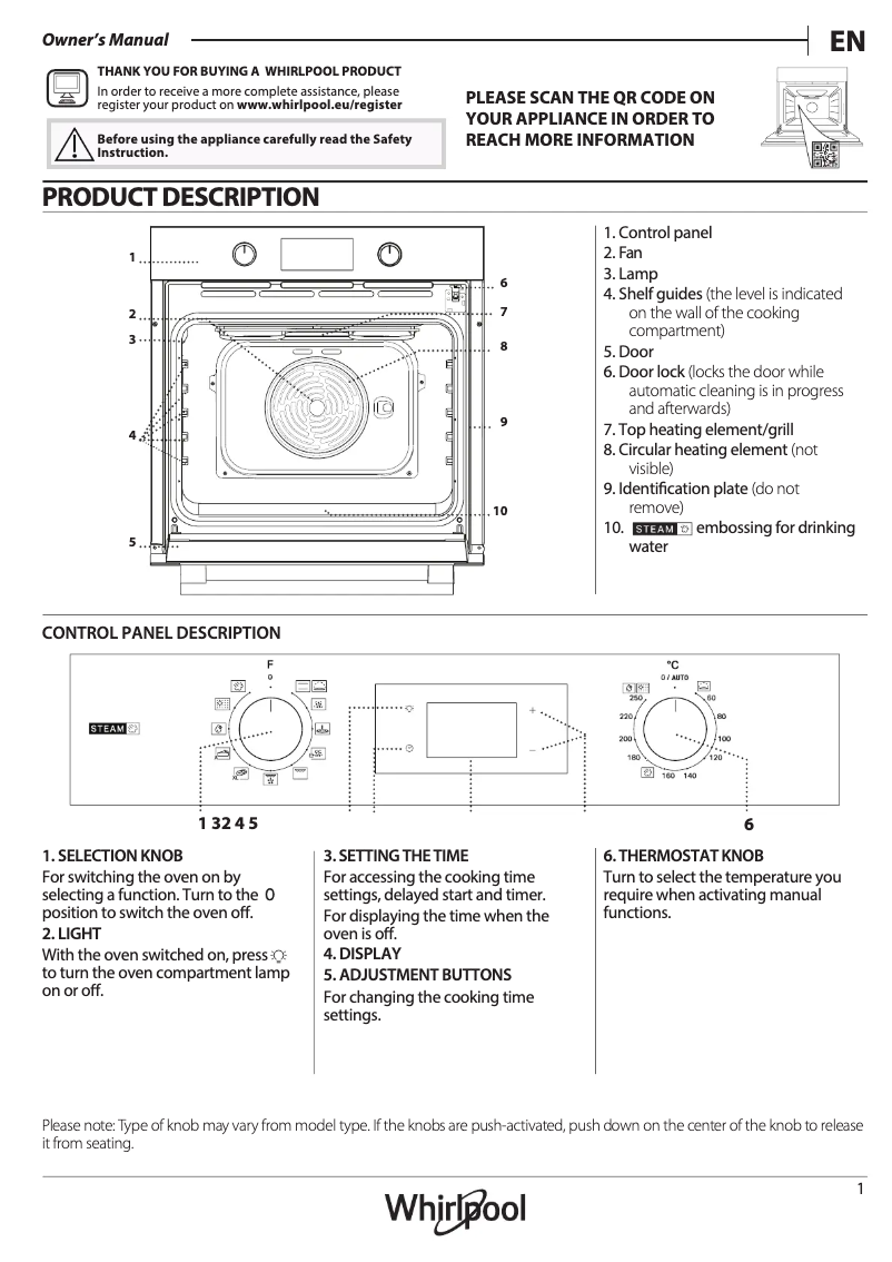 Page 1 de la notice Manuel d'utilisation et d'entretien Whirlpool OMSR58RU1SX
