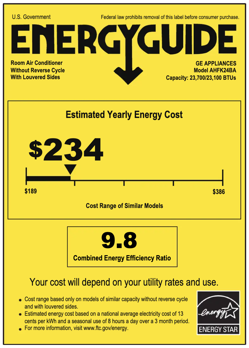 Page 1 de la notice Label énergétique GE AHFK24BA