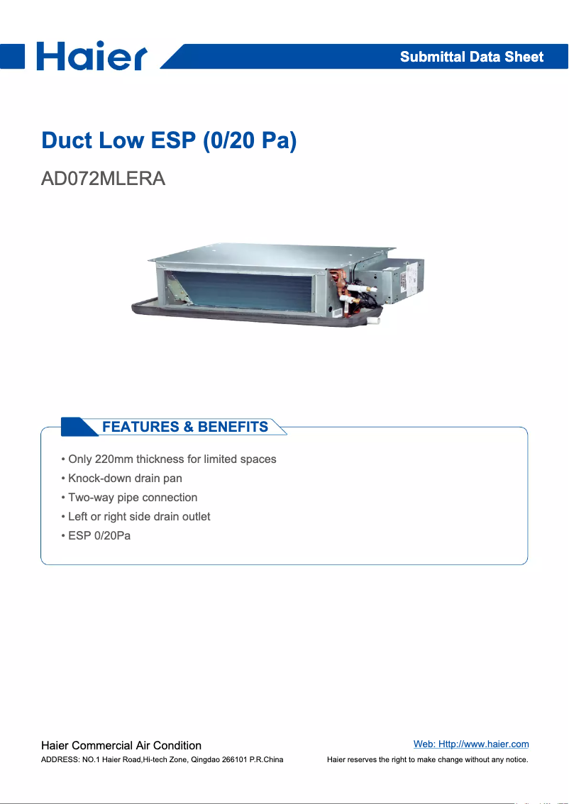 Page 1 de la notice Manuel utilisateur Haier DUCT LOW ESP