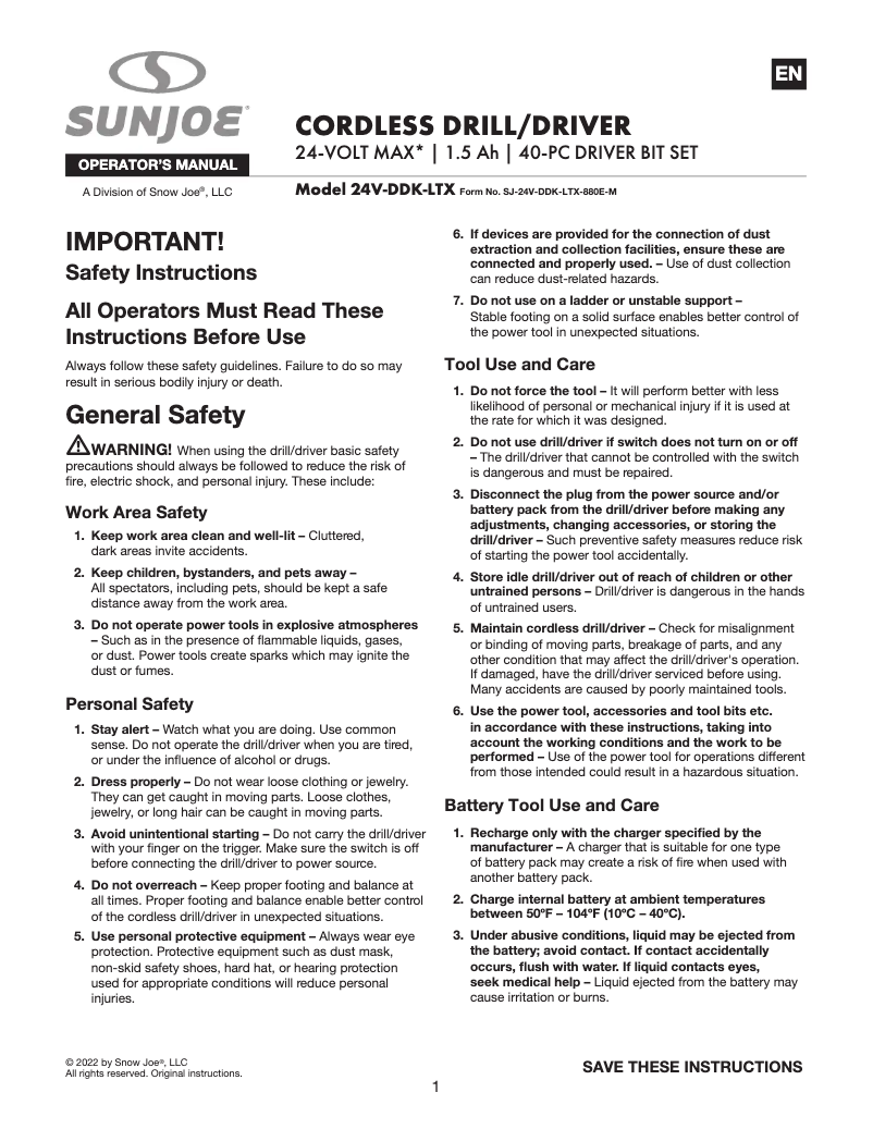 Page n°1 - Manuel utilisateur Sun Joe 24V-DDK-LTX