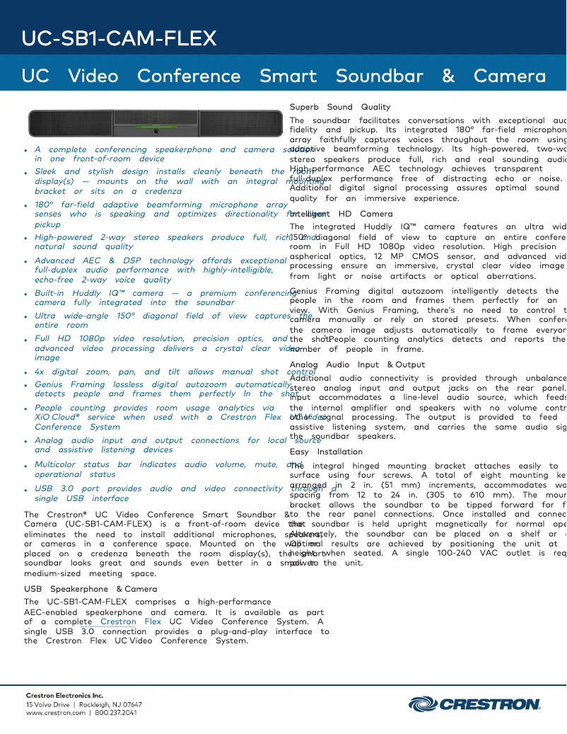 Page 1 de la notice Fiche technique Crestron UC-SB1-CAM-FLEX
