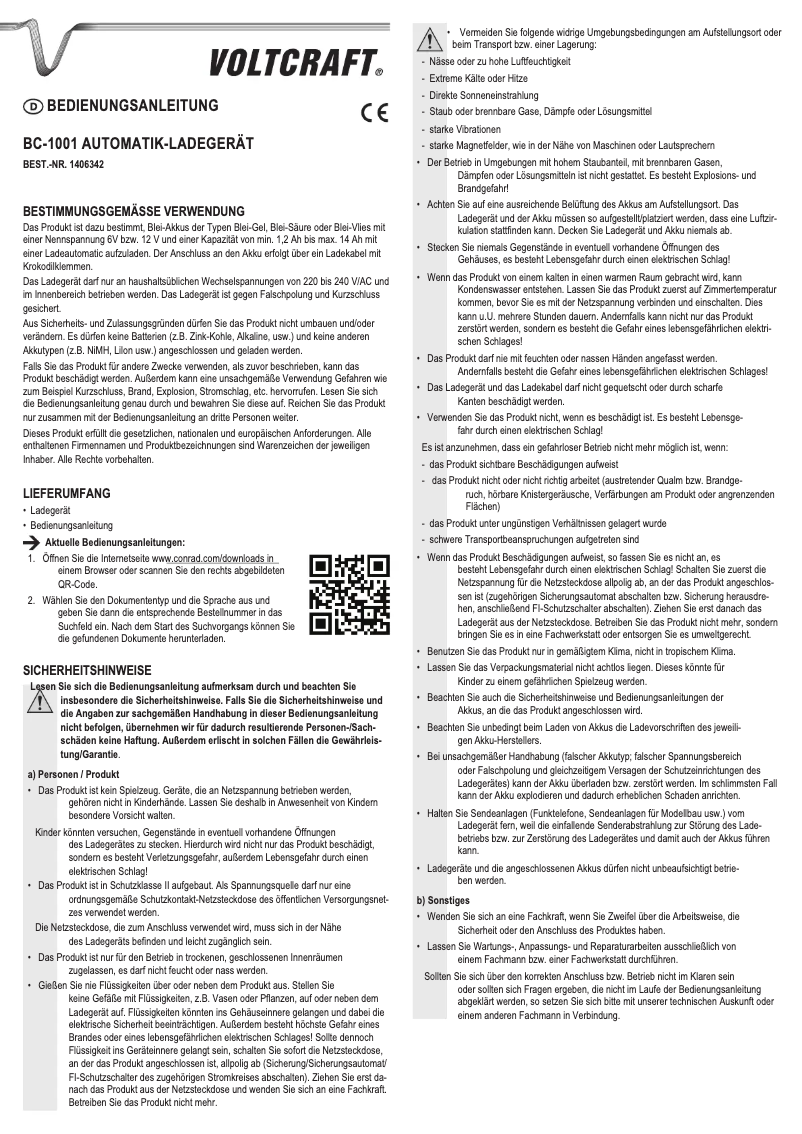 Page 1 de la notice Manuel utilisateur Voltcraft BC-1001