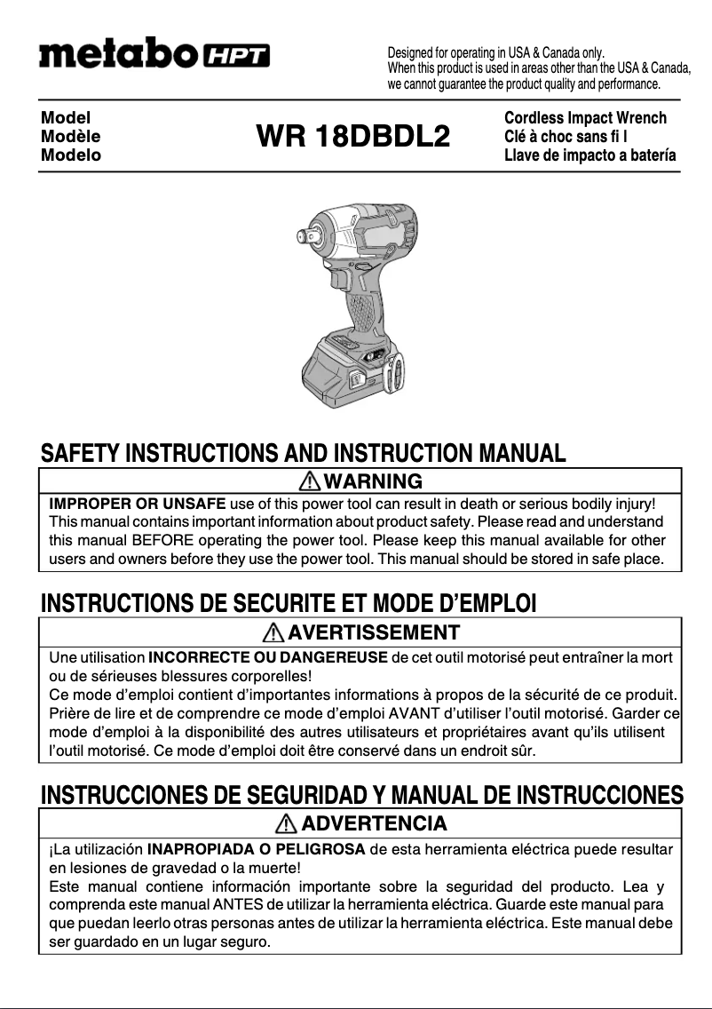 Page 1 de la notice Manuel utilisateur HiKOKI WR 18DBDL2