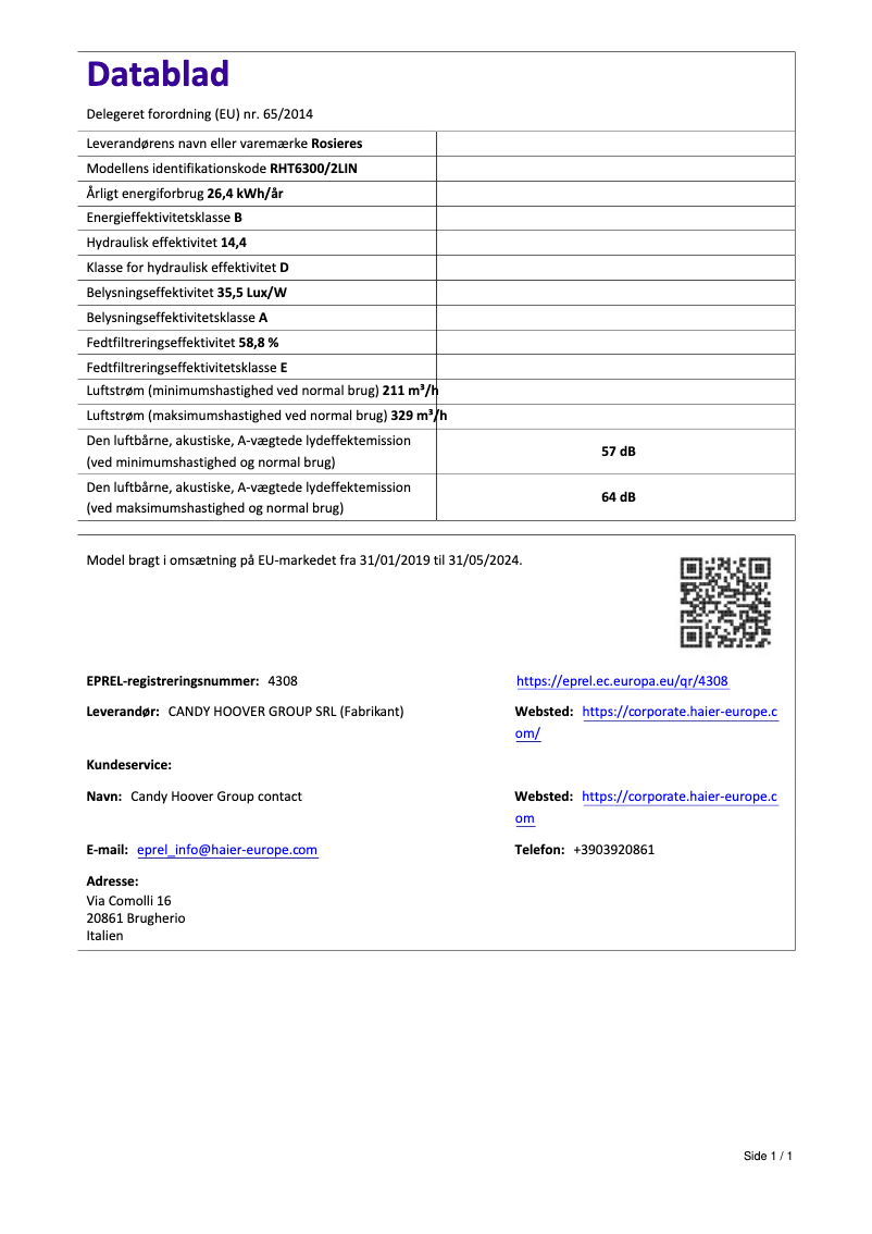 Page 1 de la notice Fiche technique Rosieres RHT6300/2LIN