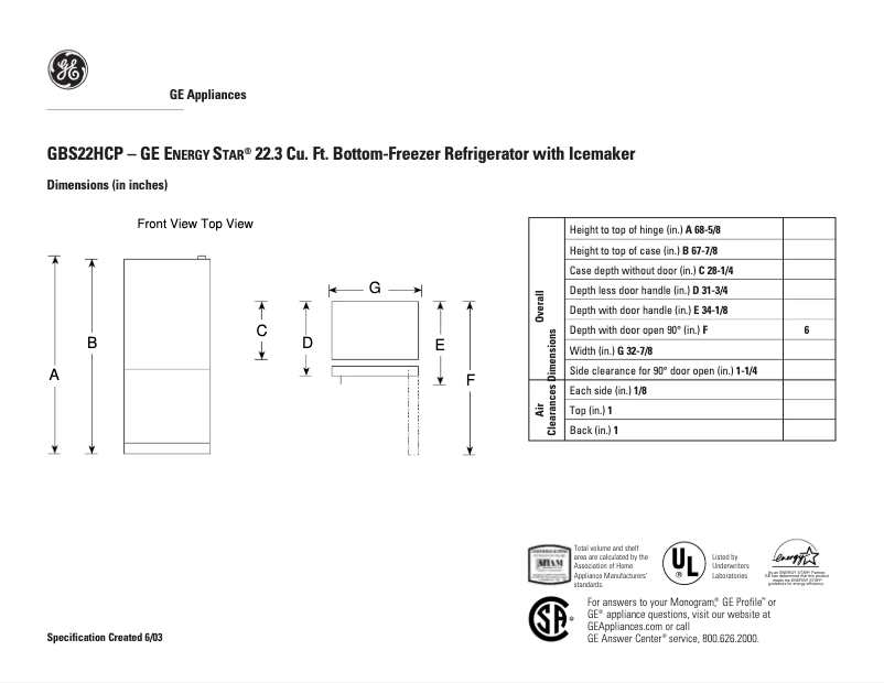Page n°1 - Fiche technique GE GBS22HCPBB