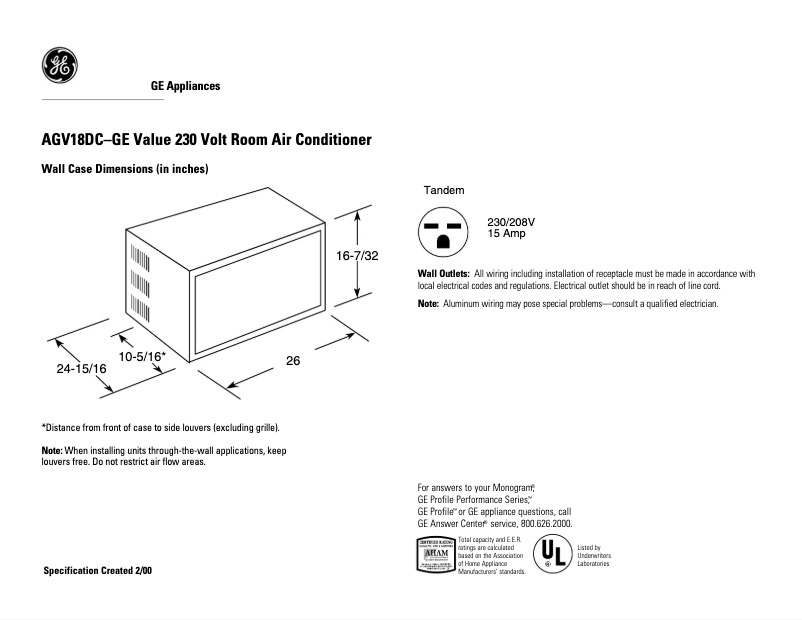 Page 1 de la notice Fiche technique GE AGV18DC