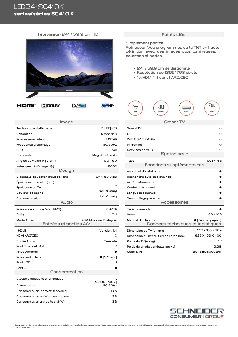 Page 1 de la notice Fiche technique Schneider LED24-SC410K