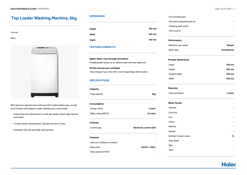 Page 1 de la notice Fiche technique Haier HWMSP60