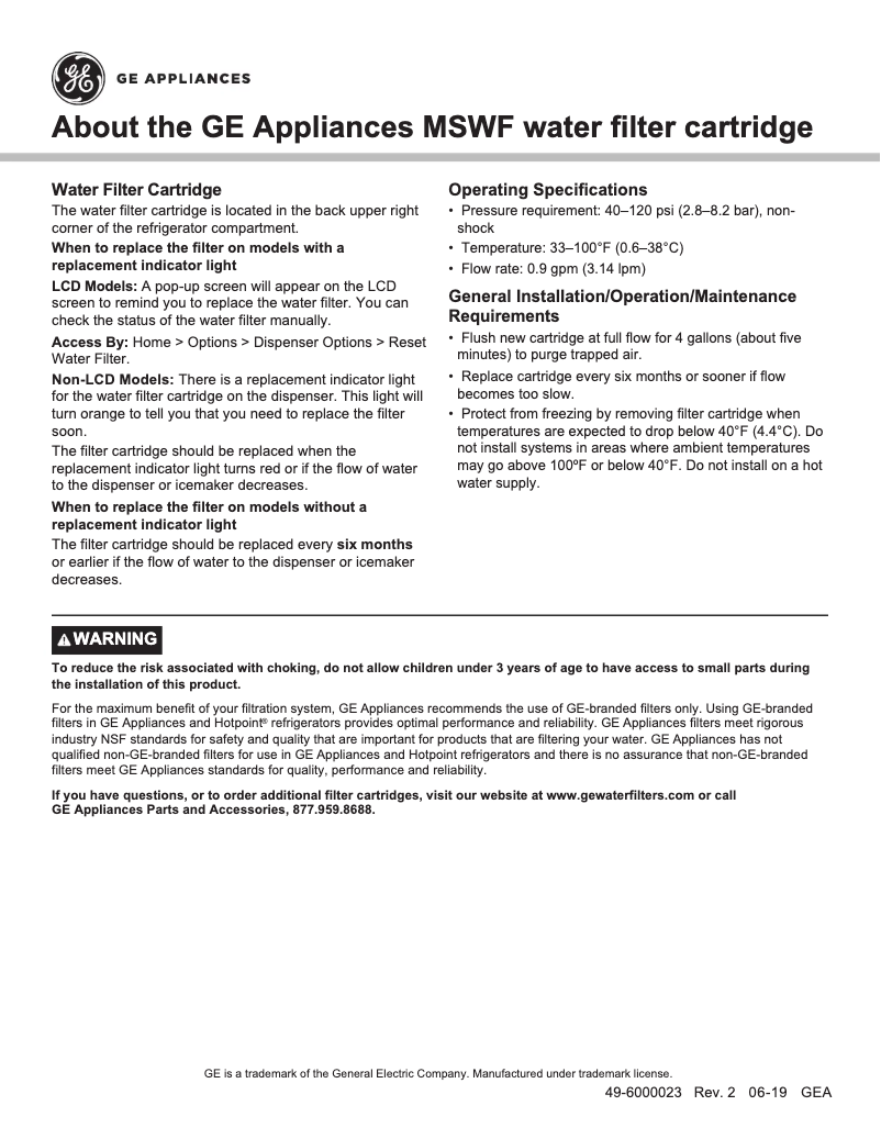 Page 1 de la notice Manuel utilisateur GE MSWF