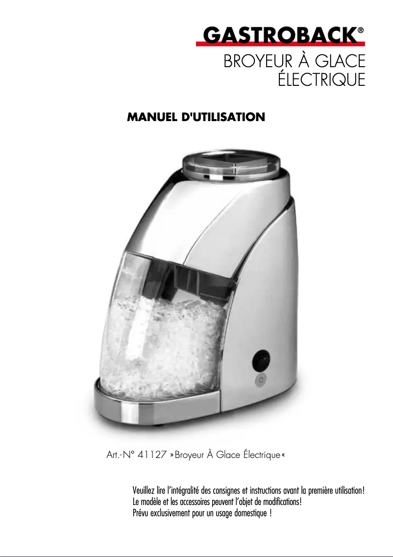 Page 1 de la notice Manuel utilisateur Gastroback 41127