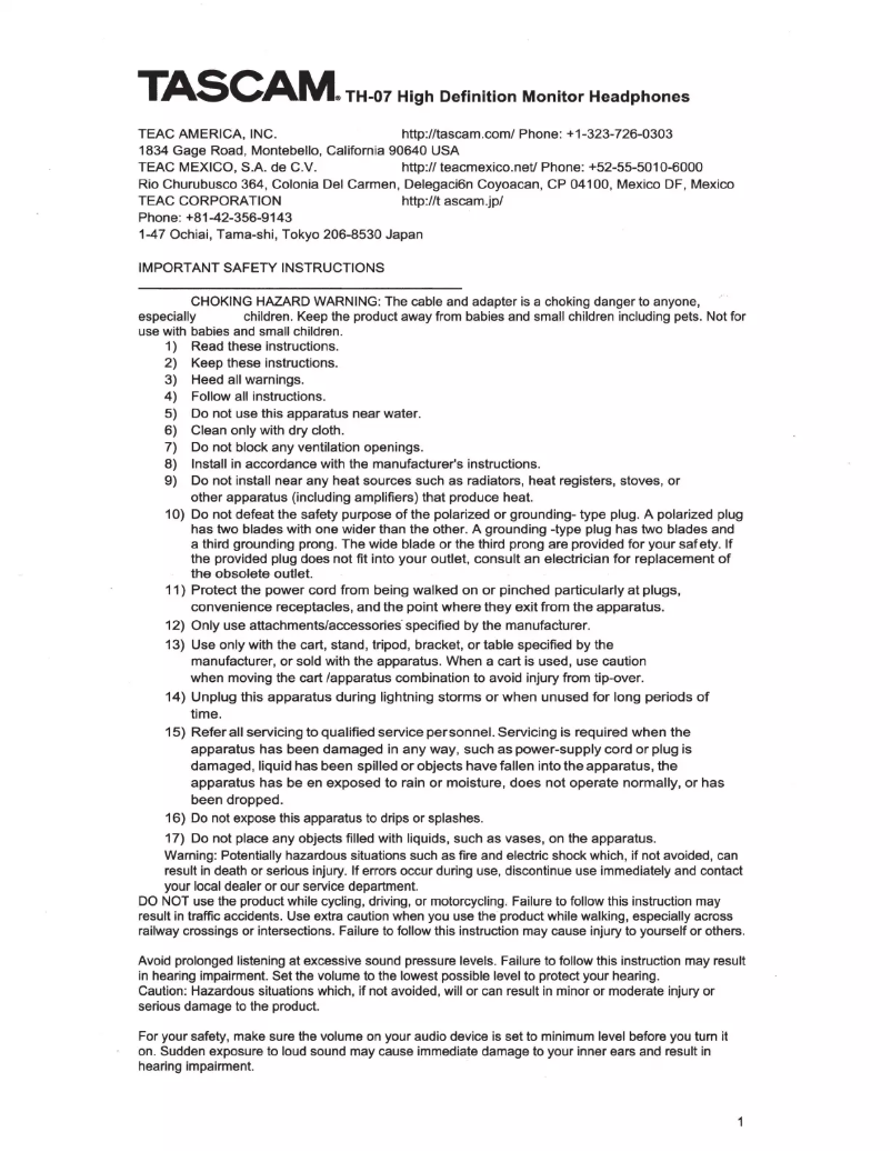 Page 1 de la notice Manuel utilisateur Tascam TH-07