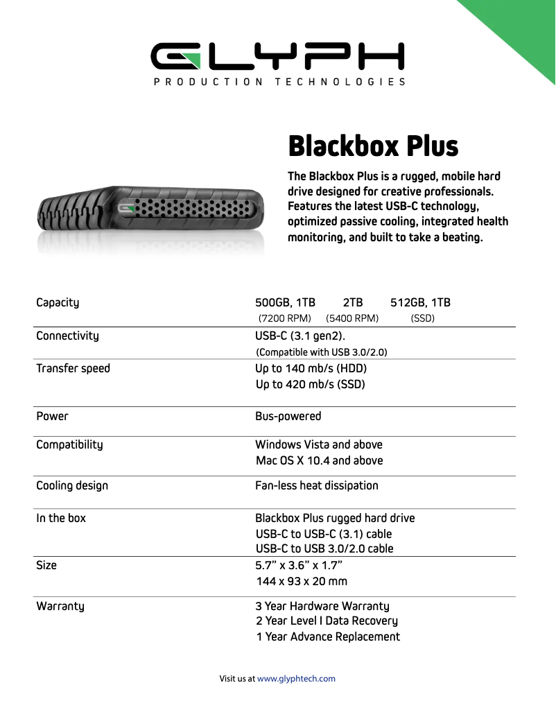 Page 1 de la notice Fiche technique Glyph BlackBox Plus