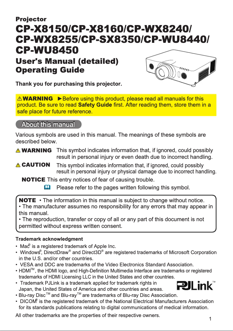 Page n°1 - Manuel utilisateur Hitachi CP-WX8255GF
