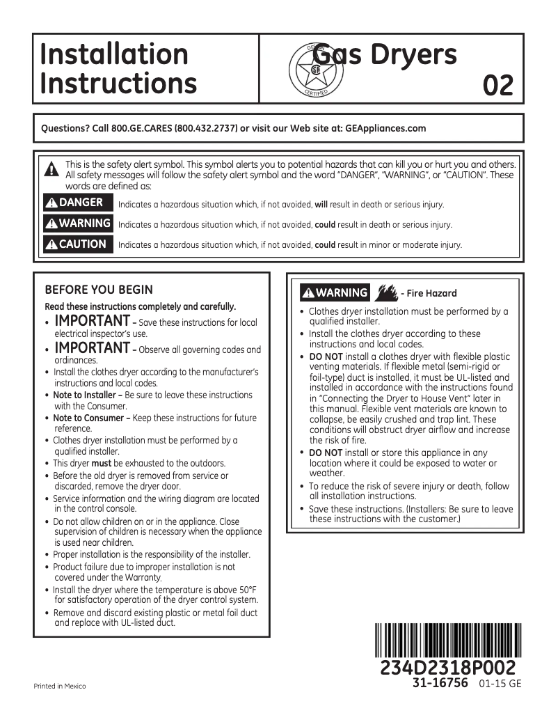 Page 1 de la notice Fiche technique GE GTD45GASJWS