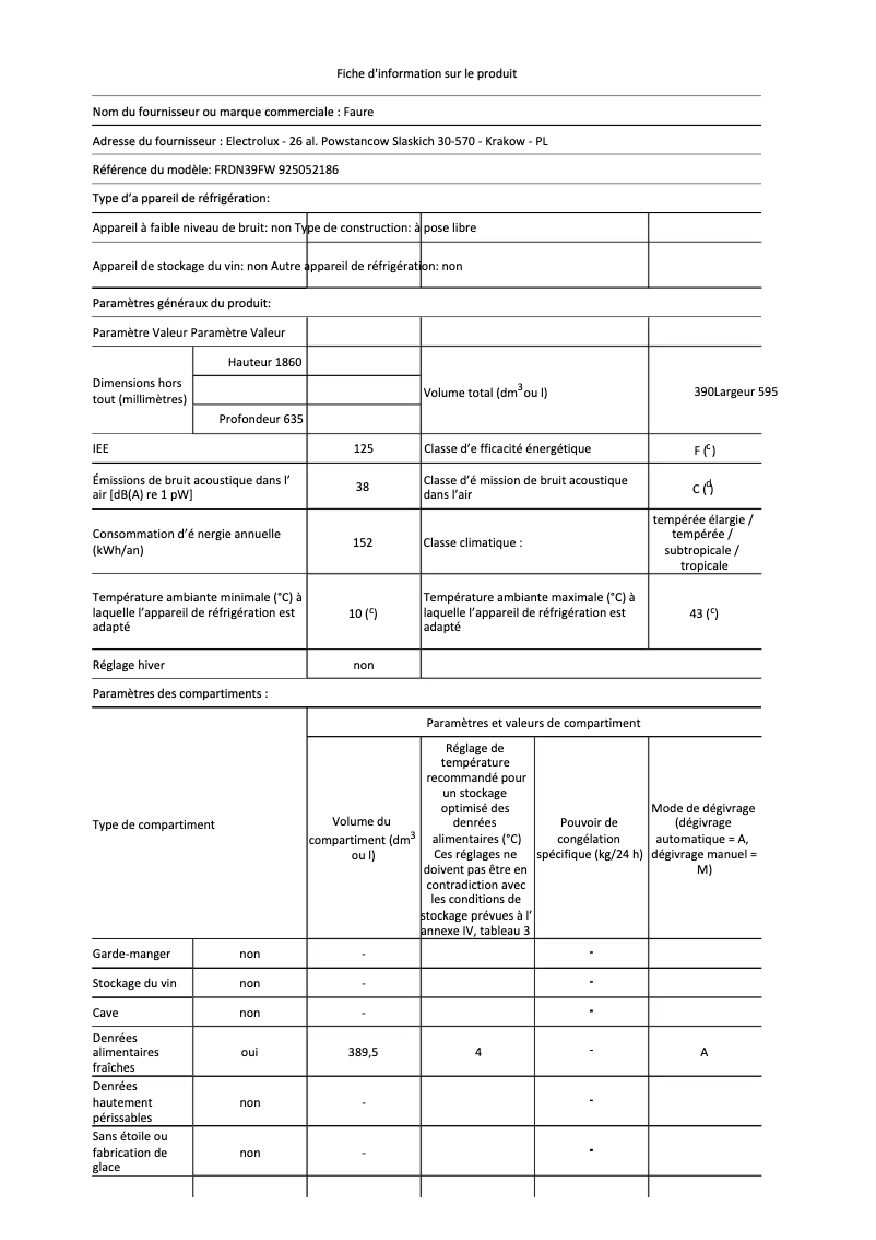 Page n°1 - Fiche technique Faure FRDN39FW