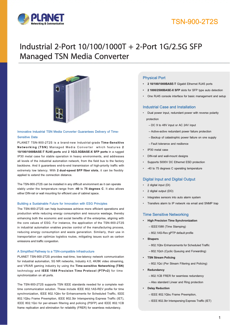 Page 1 de la notice Fiche technique Planet TSN-900-2T2S