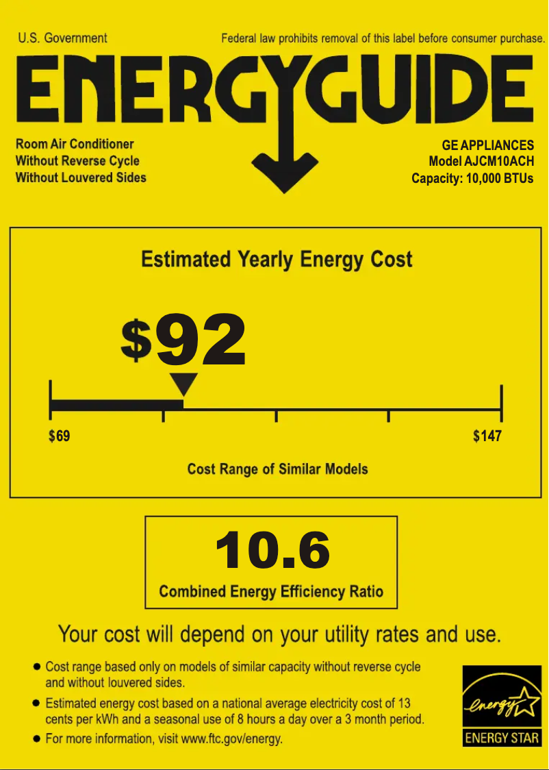 Page 1 de la notice Label énergétique GE AJCQ10ACH
