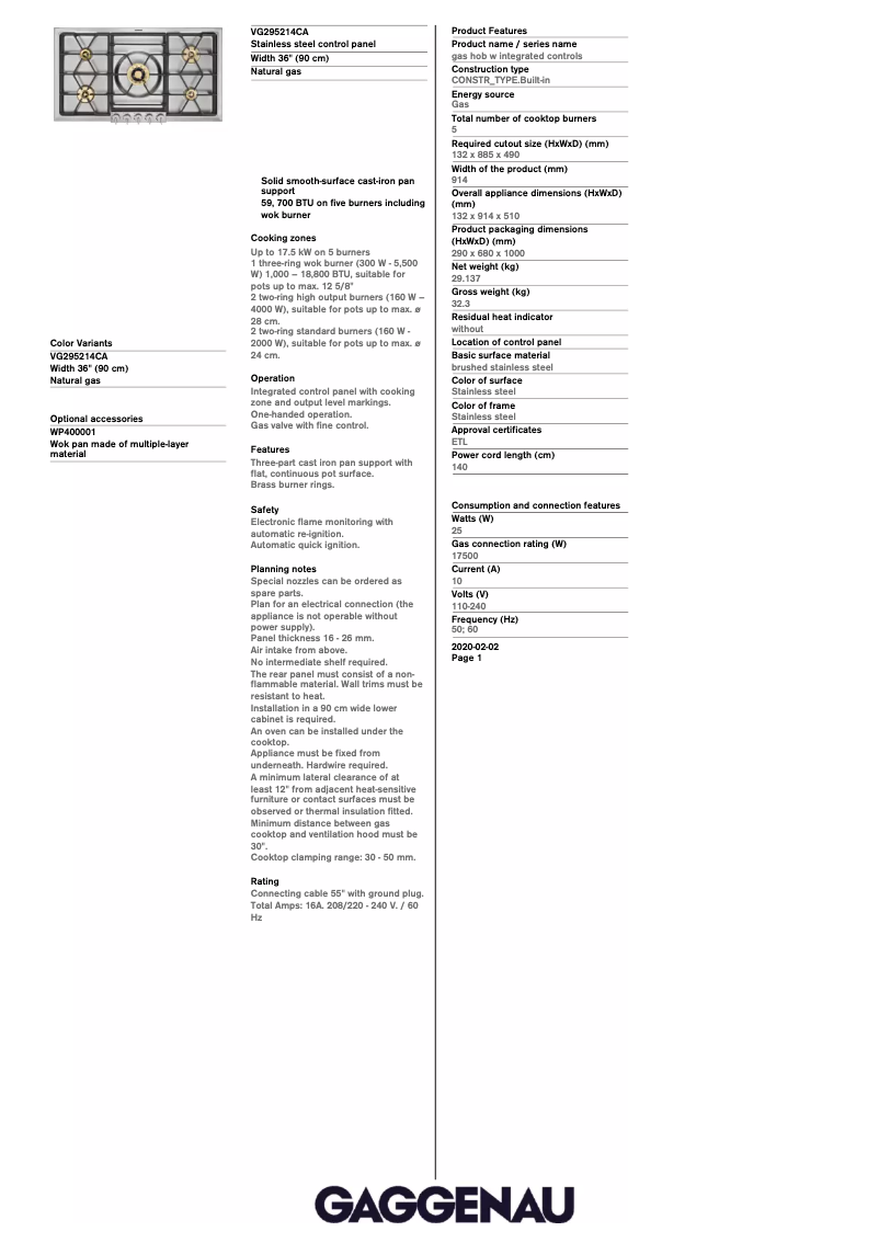 Page 1 de la notice Fiche technique Gaggenau VG295214CA