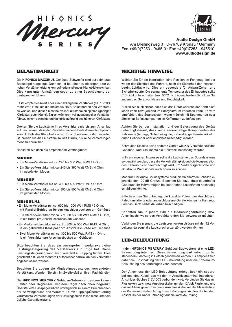 Page 1 de la notice Manuel utilisateur Hifonics Mercury MR10BP