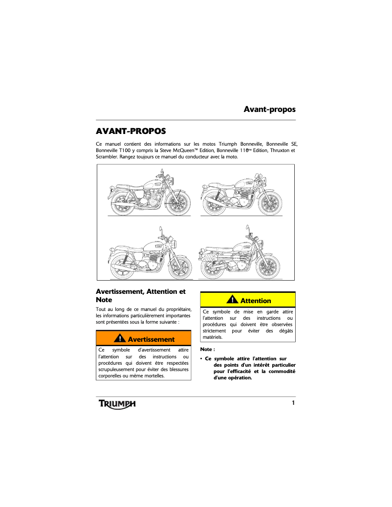 Image de la première page du manuel de l'appareil Bonneville T100 (2010)