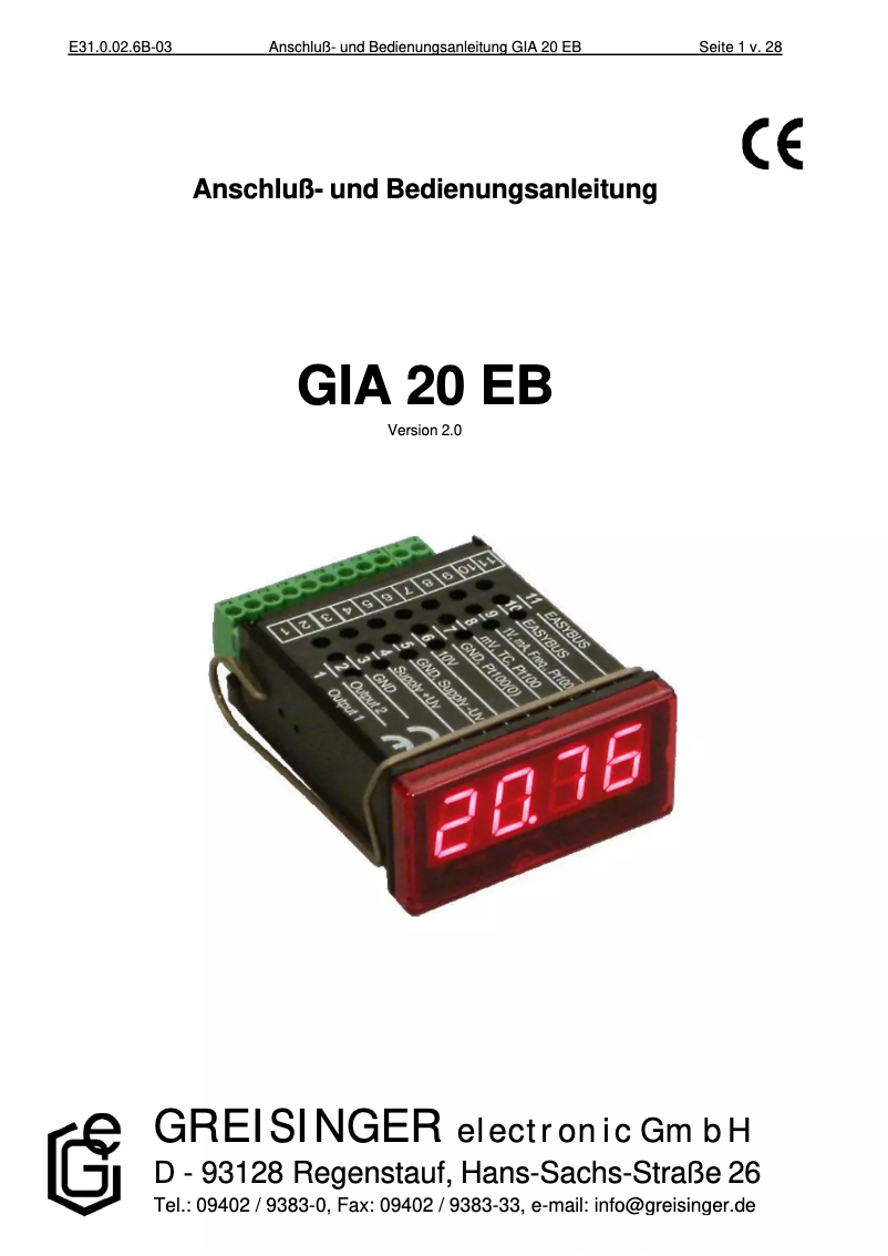 Page 1 de la notice Manuel utilisateur Greisinger GIA 20 EB