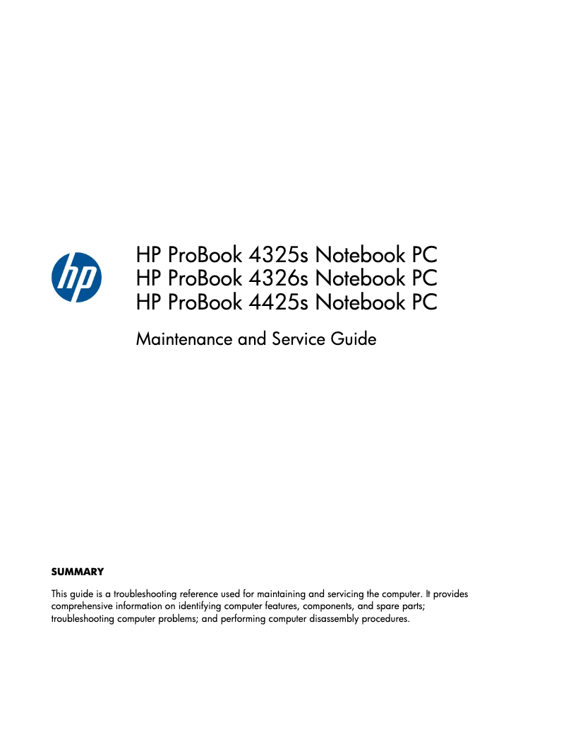 Page 1 de la notice Manuel utilisateur HP ProBook 4425s
