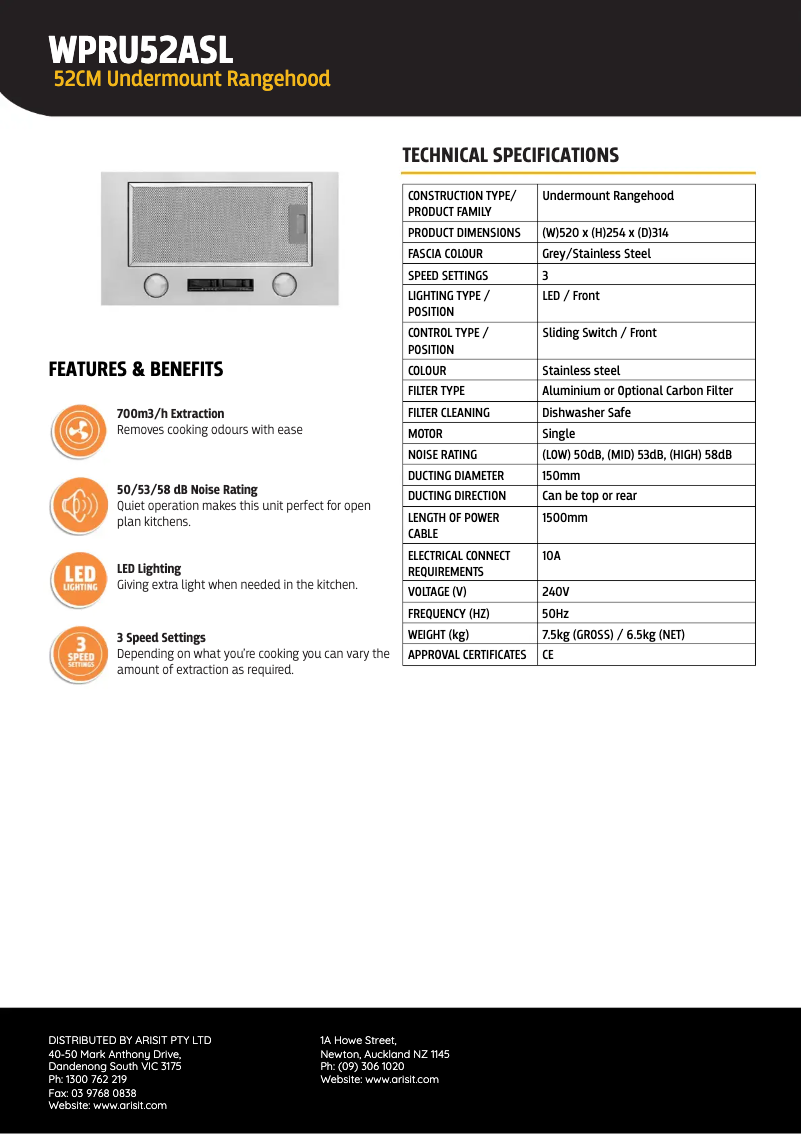 Page n°1 - Fiche technique Tisira WPRU52ASL