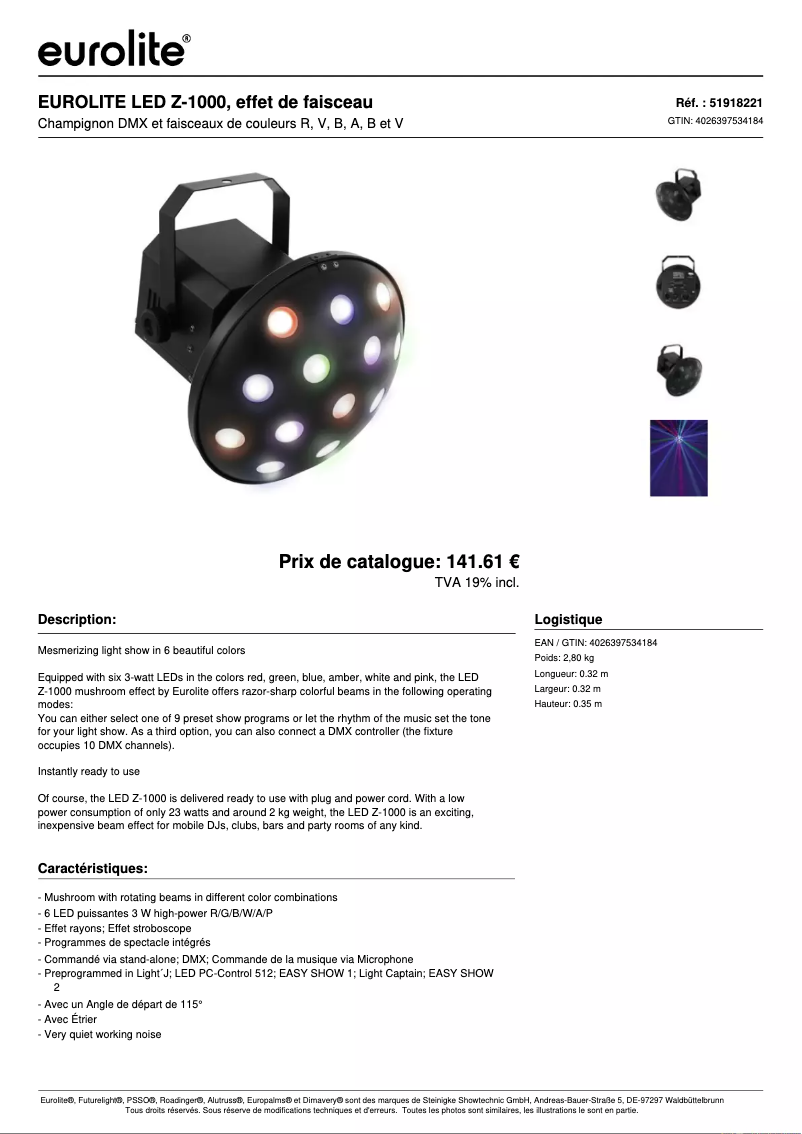 Page 1 de la notice Fiche technique Eurolite LED Z-1000