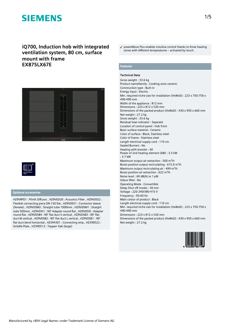 Page 1 de la notice Fiche technique Siemens iQ700 EX875LX67E