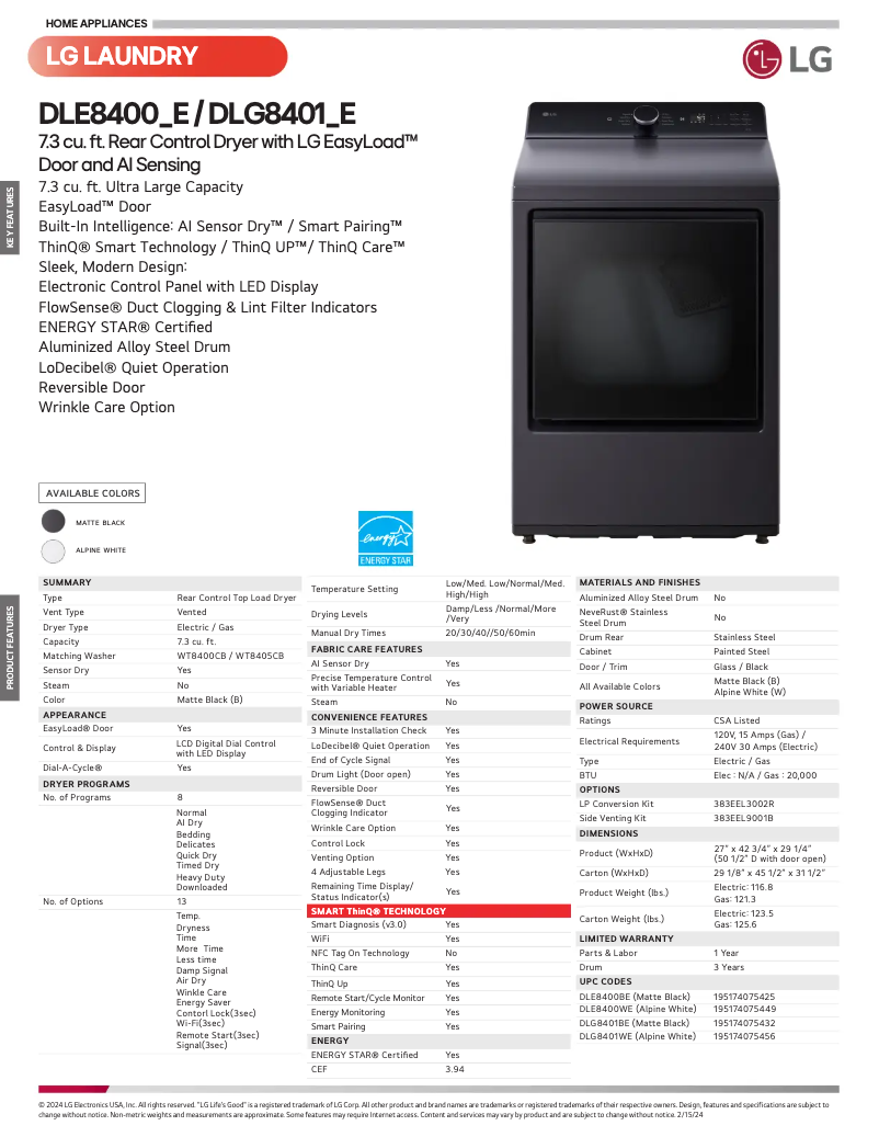 Página 1 del manual Ficha técnica LG DLE8400WE