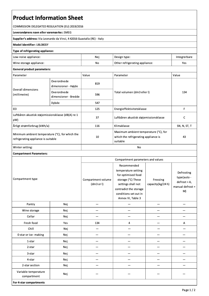 Page 1 de la notice Fiche technique Smeg U8L080DF