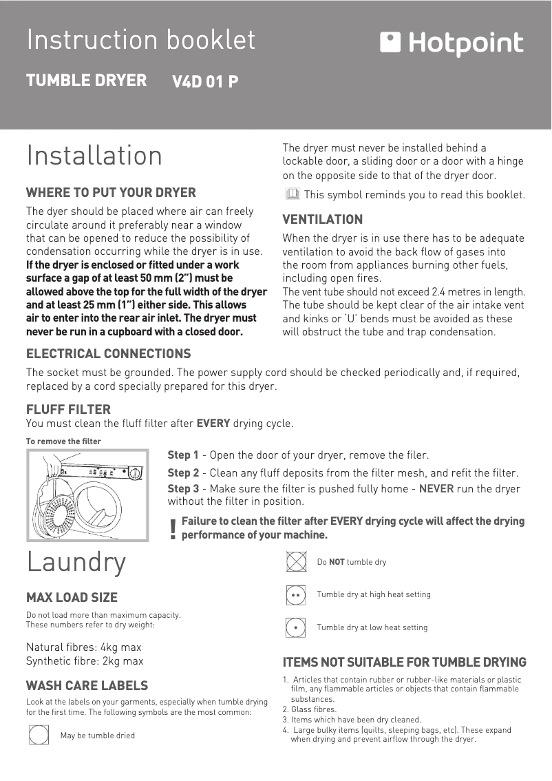 Page 1 de la notice Manuel utilisateur Hotpoint V4D 01 P