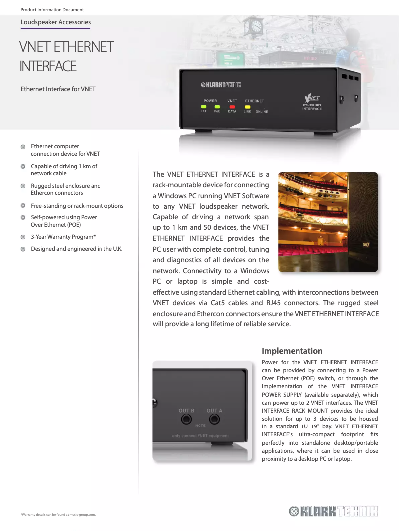Page 1 de la notice Fiche technique Klark Teknik Vnet Ethernet Interface